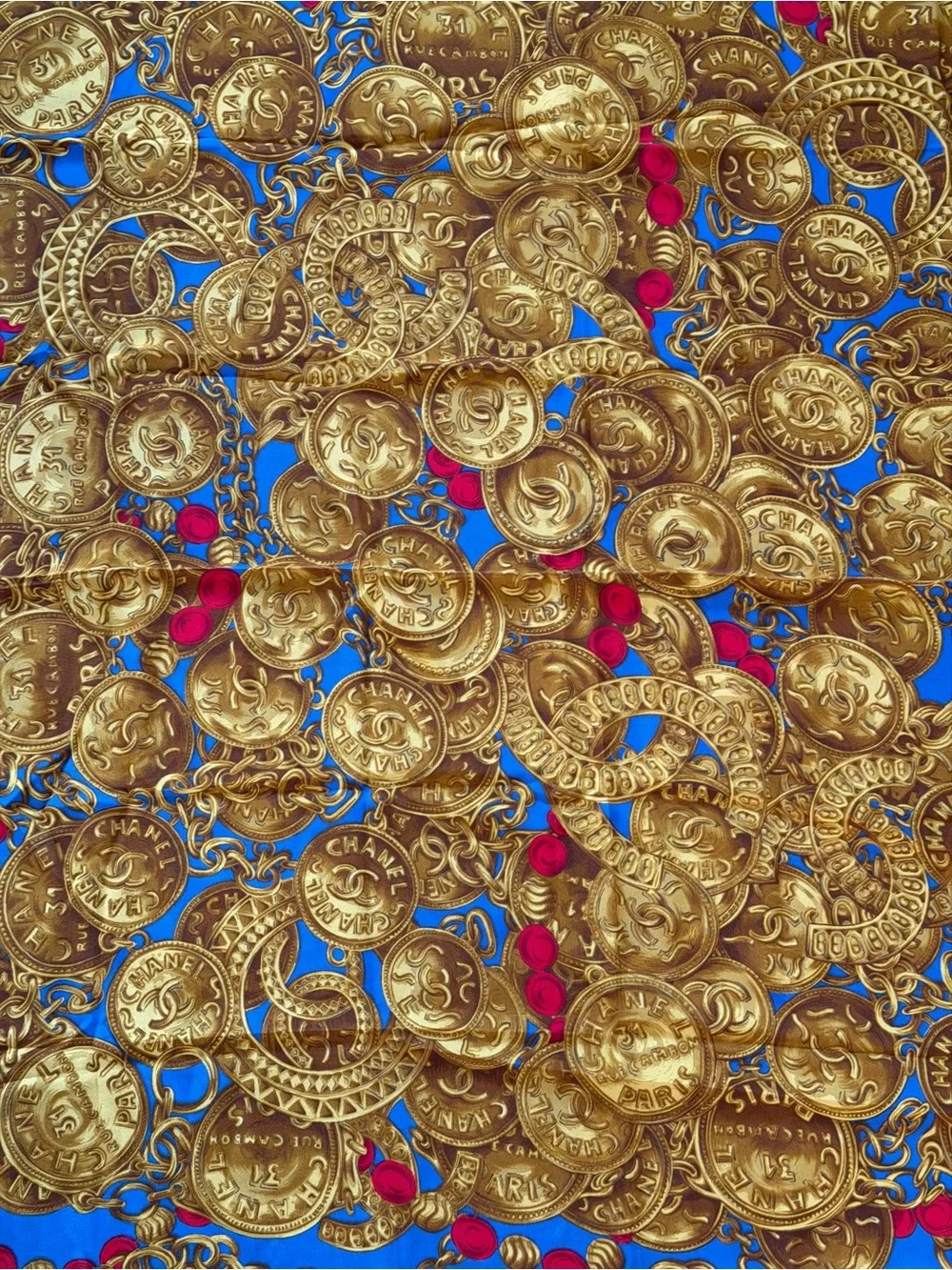 CHANEL Large Blue and Gold Coin Motif Silk Scarf